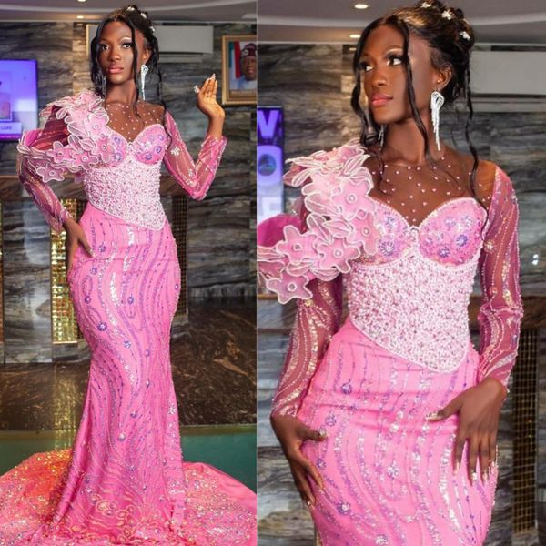 Abiti da ballo Aso Ebi fucsia di lusso per occasioni speciali Illusione Tulle Sirena maniche lunghe Abiti da sera formali in pizzo con perline Elegante abito da festa di compleanno NL538