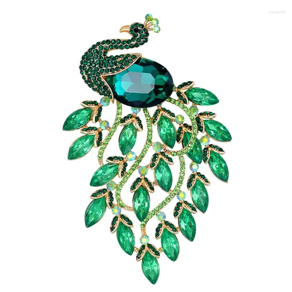 Spille di lusso verde pavone di cristallo donne smalto strass grande uccello festa ufficio spilla animale casual spille regali