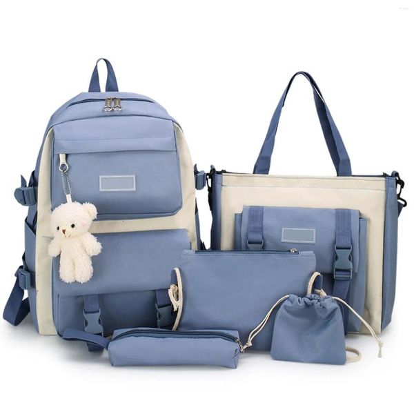 Sacos escolares 5pcs meninas saco conjunto mulheres mochila estudante bookbag impermeável anti-roubo bolso interno