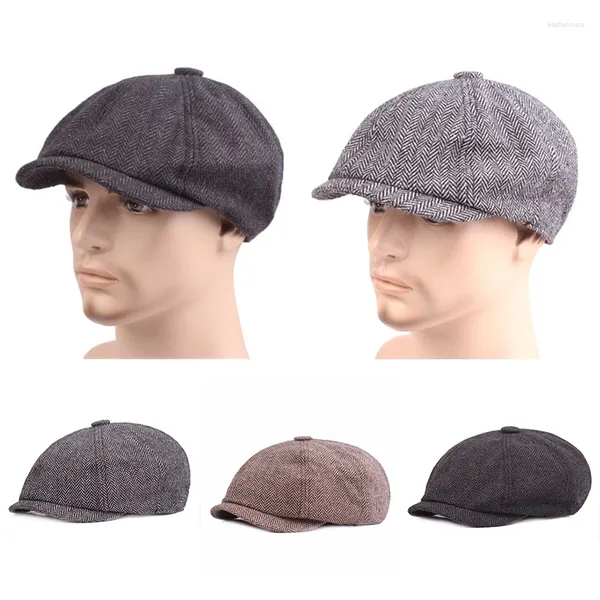 Berets Homens Retro Sboy Caps Cor Sólida Individual Estilo Ocidental Cinza Espinha de Peixe Plano Pintores Chapéu Outono Inverno