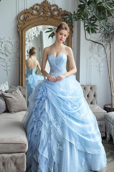 Vestidos Princesa Luz Céu Azul Organza Quinceanera Vestidos Ruffles Cinderela Inspirado Prom Vestidos Querida Strapless Até O Chão A Lin