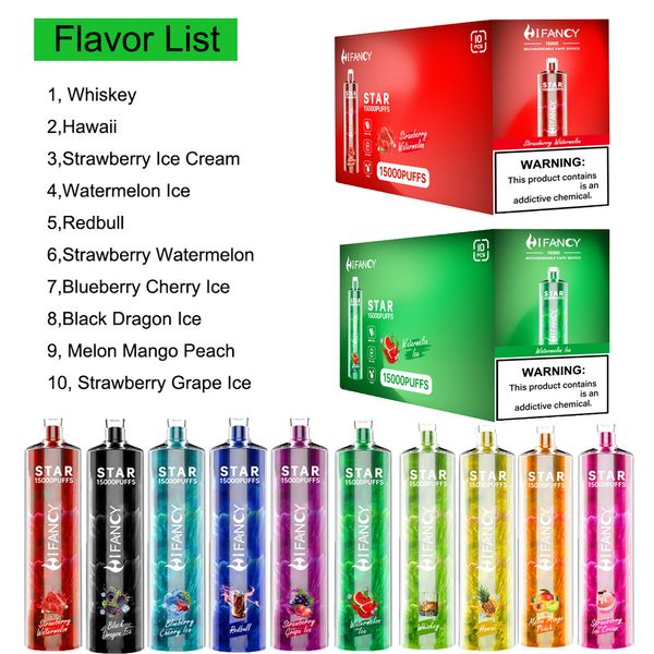 Hifancy descartável Star 15000 16000 Puff Hits Descartável Vape Eletronic Cigs PuffBar Vapor 750MAH Bateria Eletrônico Cigarro Vapor Puffs