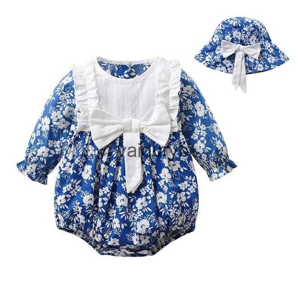 Macacão recém-nascido menina algodão floral macacão + chapéu infantil criança arco babados mangas compridas macacão verão roupas de bebê 3m-18mvaiduryb