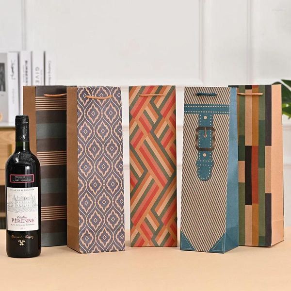 Sacos de armazenamento 12pcs única garrafa de vinho tinto bolsa alça de feriado presente padrões criativos impressos bolsa de papel kraft 10.5x10x36cm