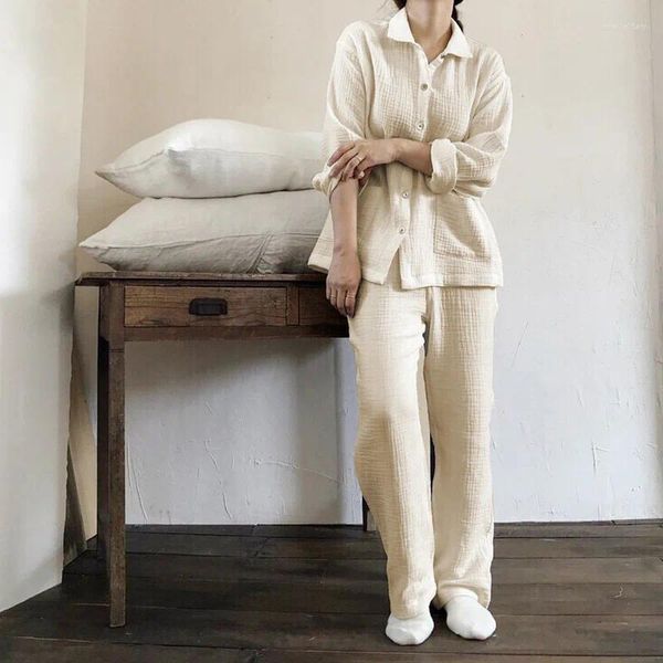 Frauen Zweiteilige Hosen Baumwolle Gaze Musselin Sets Trainingsanzug Frauen Set Langarm Shirts Hohe Taille Bequemes Outfit