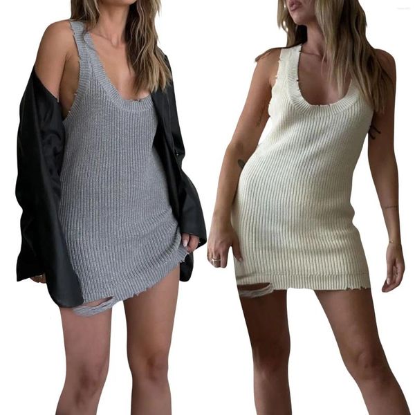 Casual Kleider Sommer Stricken Tank Kleid 2024 Frauen Ärmelloses Stricken Sommerkleid Einfarbig Sexy Tiefem U-Ausschnitt Ripped Mini kurze