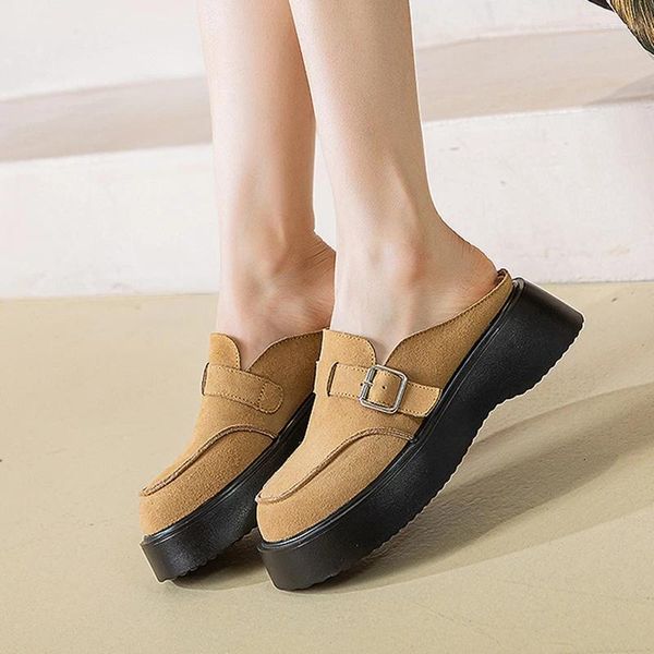 Pantofole da donna con tacco alto in vera pelle femminile primavera estate mezze scarpe suola in gomma antiscivolo da donna