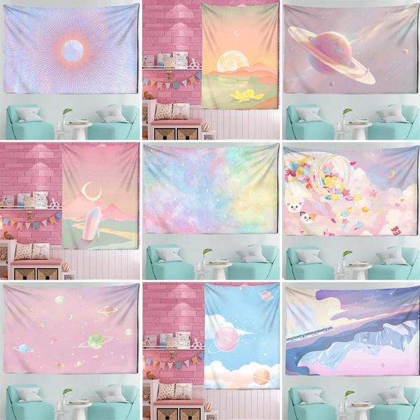 Arazzi Arazzo stellato con luna rosa Universo Appeso a parete Dormitorio Art Home Decor Kawaii Coperta colorata