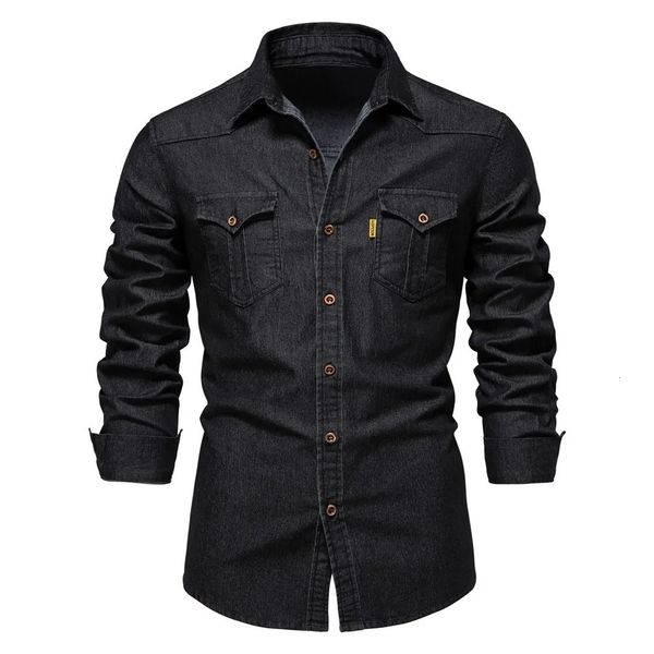 AIOPESON Marca Camicia di jeans in cotone elastico da uomo Manica lunga Camicie da cowboy di qualità per uomo Casual Slim Fit Abbigliamento da uomo firmato 240112