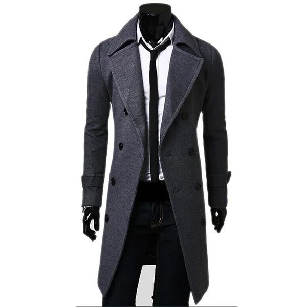 Zweireihiger Herren-Trenchcoat, Wollmischung, Herbst-Winter, einfarbig, lässig, schmale Passform, lange Jacke, modische Kleidung 240113