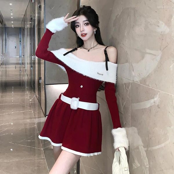 Casual Kleider Süße Off Schulter Hosenträger Revers Strickkleid Frauen Koreanische Sexy Slim Mini Herbst Winter Weihnachten Jahr Pullover