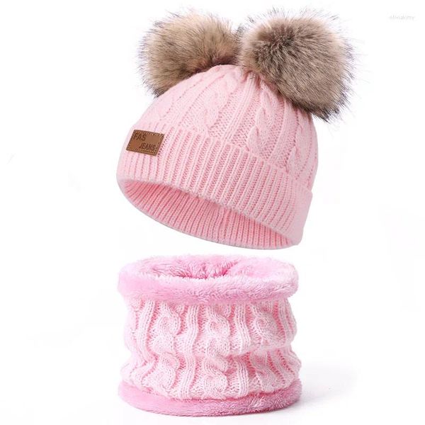 Berets 2024 inverno crianças bib beanie chapéu conjunto de duas peças pom bebê malha bonés menina quente lã espessada capa de pescoço