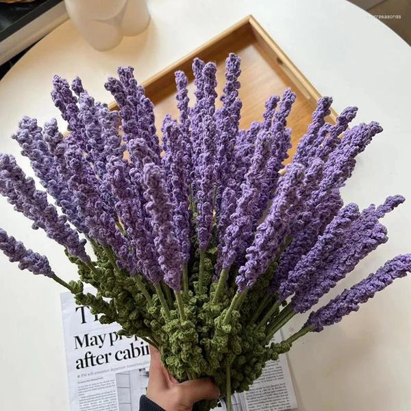 Flores decorativas roxo tricô flor lavanda buquê artificial crochê mão-malha mesa de jantar de casamento decoração de casa presente