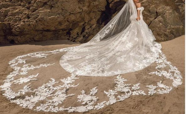 Véu de noiva Véu de casamento com pente de pente 1 tule de tule mole renda de renda floral elegante de marfim de marfim personalizado 300cm6805636