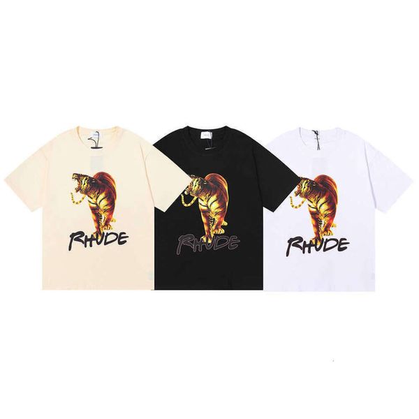 Rhude masculino de alta qualidade camiseta nova marca de moda rhudes los angeles tigre impressão hd manga curta e subpêlo feminino high street metade atacado