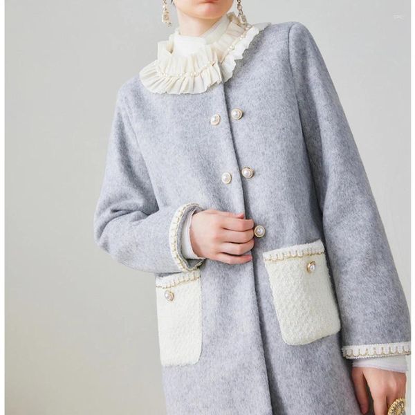 Damenjacken Vintage Grauer Tweed Mittellanger Mantel Rüschenkragen Französischer Stil Doppeltaschenjacke Herbst/Winter Elegante Damenkleidung
