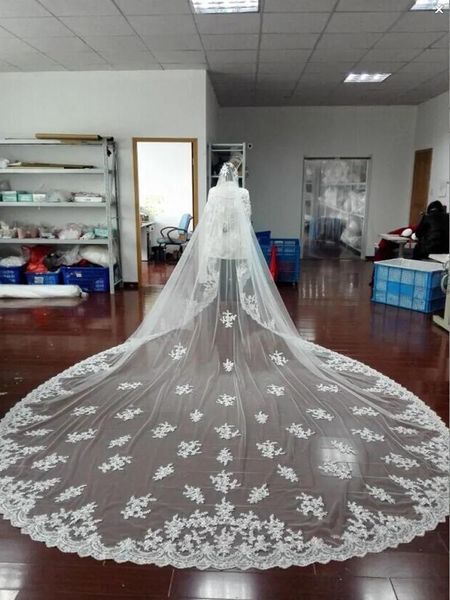 Véus de alta qualidade melhor venda moda designer catedral borda de renda véu nupcial branco marfim apliques véus de casamento uma camada