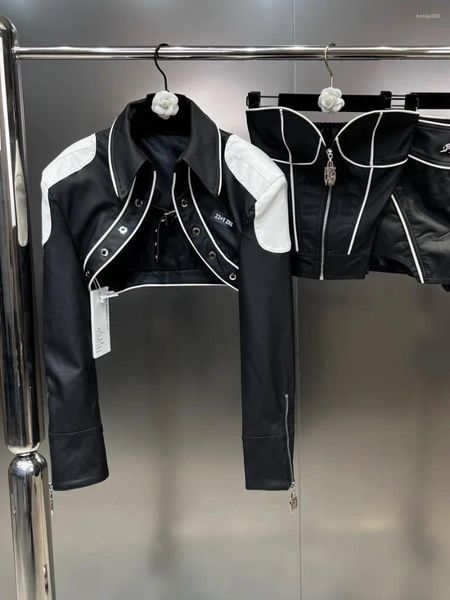 Vestidos de trabalho 2024 outono zíper sutiã envoltório hip meia saia preto e branco contraste casaco rua moda doce estilo legal três peças conjunto