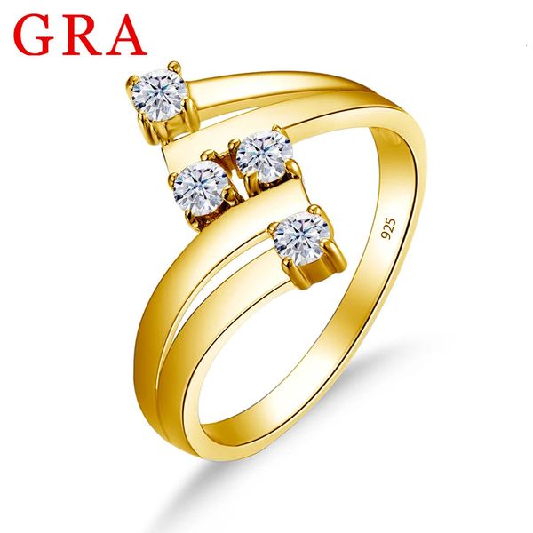 Anel completo de ouro amarelo 4 pedras com certificado real para mulheres, joias de casamento de alta qualidade, testador de diamante, venda 240112