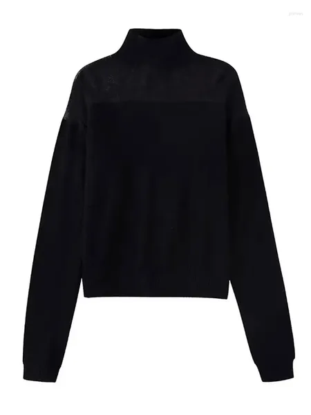 Maglioni da donna Maglione lavorato a maglia patchwork nero semi trasparente da donna a maniche lunghe mezzo dolcevita femminile 2024 Primavera Autunno Chic Lady Top