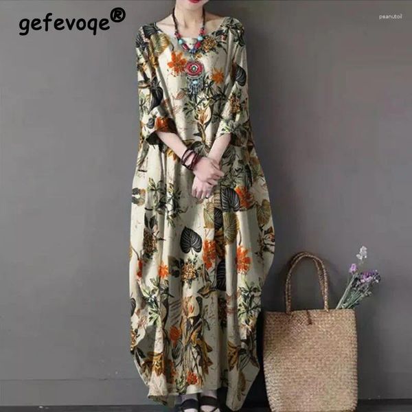 Vestidos casuais vintage floral impresso estilo étnico algodão linho oversized maxi vestido mulheres irregular meia manga streetwear robe