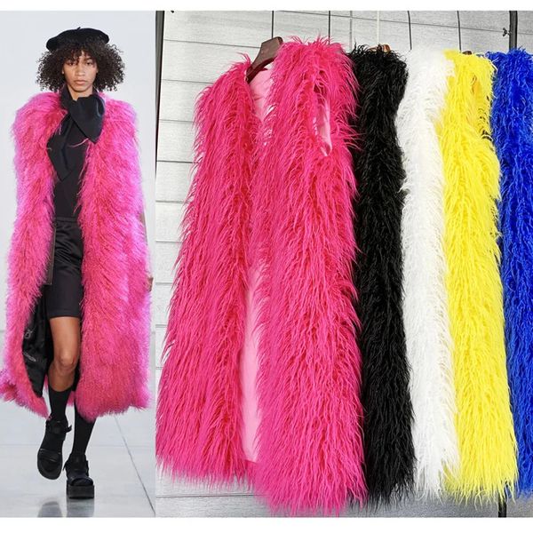 Faux Mongólia Pele de Ovelha Mulheres Colete Longo Colorido Quente Pele Falso Tamanho Grande Casacos de Pelúcia Jaqueta Feminina Outono Inverno Peludo Outerwear 240112