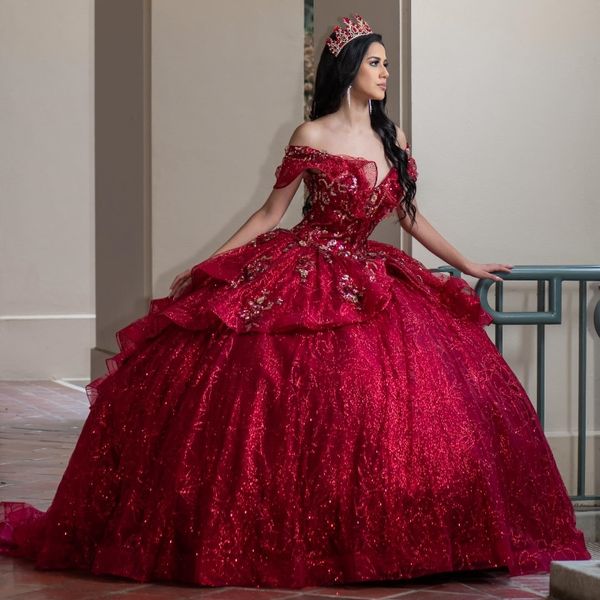 Abiti da quinceanera lucido rosso in pizzo perline per sfumature eleganti fuori dalla spalla abito da ballo da sera per donna abito da ballo Vestidos de