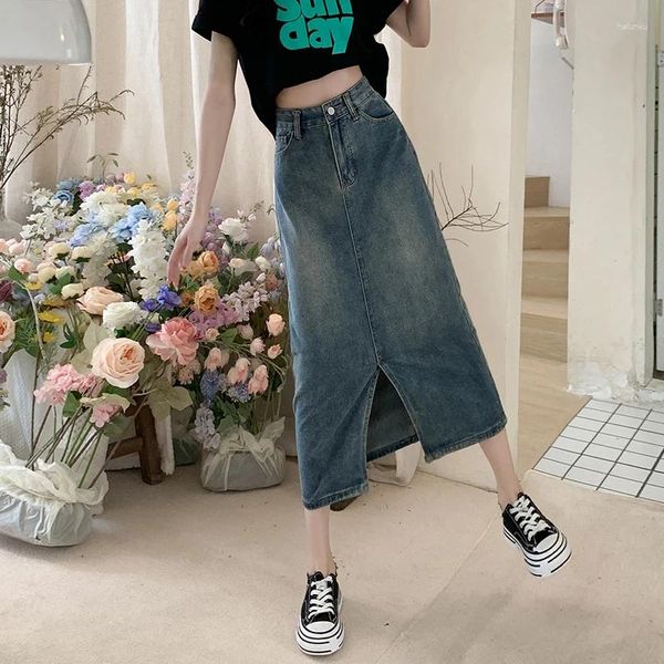 Юбки винтажные для женщин с высокой талией и разрезом, длинная одежда Jupe Y2k, модная повседневная джинсовая облегающая корейская летняя юбка, Ropa Mujer 2024