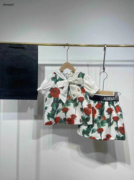 Tute per ragazze di lusso Abiti eleganti per bambini in cotone Taglia 110-160 T-shirt con maniche a lanterna con colletto a fiocco e gonna con stampa floreale Jan10