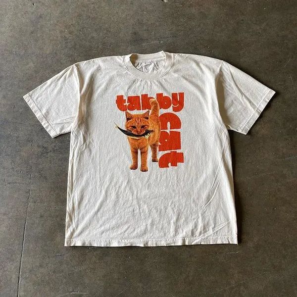 Y2k Herren Shirt Sommer Harajuku Street Apparel Orange Katze Print Klassisch Kurzarm Slim Fit Top Damen T-Shirt 240113