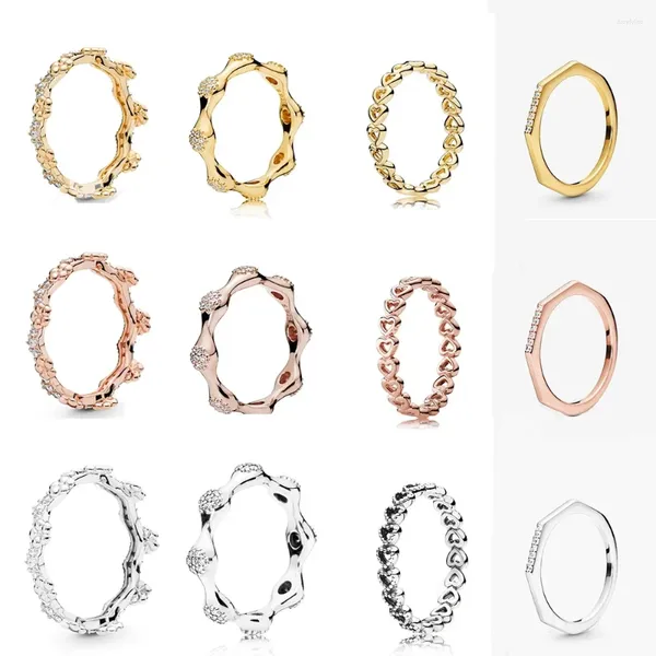 Anéis de cluster de alta qualidade 925 prata rosa ouro polígono flor coroa coração para espumante moderno amor pod anel original mulher jóias