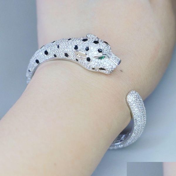 Bangle Black Spot Leopard Cuff Pulseira Fl 3A Cubic Zirconia Pedra Pavimentada Animal Panther Designer Jóias De Cobre Para Mulheres Drop Delive Dh2O6