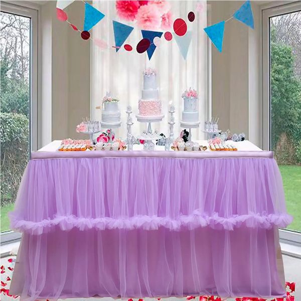 Gonna da tavolo in tulle da matrimonio 6FT9FT Copertura decorativa da pranzo in rete viola rosa bianca per banchetti di ricevimento 240112
