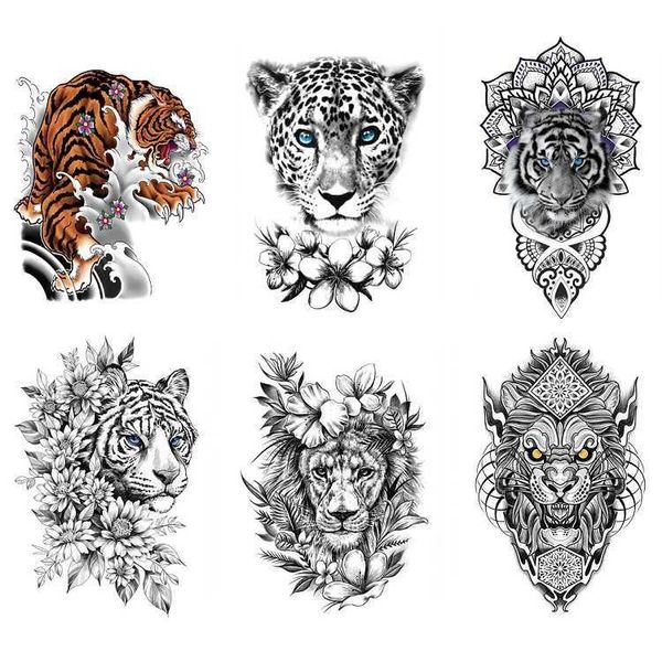 Animal padrão tatuagem adesivo tigre leão leopardo meio braço hb emmy conjunto de transferência de água simulação