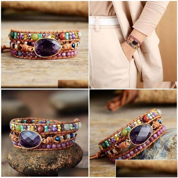 Perlenbesetzte Leder-Wickelarmbänder mit Natursteinen, Amethysten, Kristallen, dreifaches Statement-Art-Armband, böhmischer Schmuck, Geschenke, Y200730, Drop D Dhler