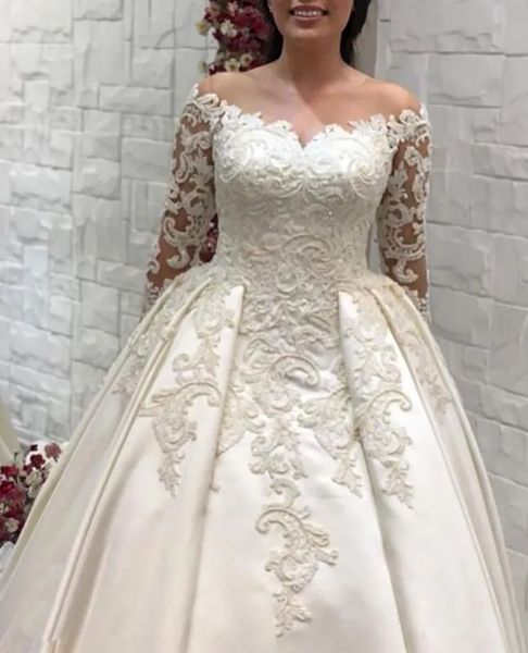 Vestidos de casamento branco marfim vestidos de noiva uma linha até o chão applique frisado zíper personalizado rendas até plus size novo o-pescoço manga longa ilusão de cetim