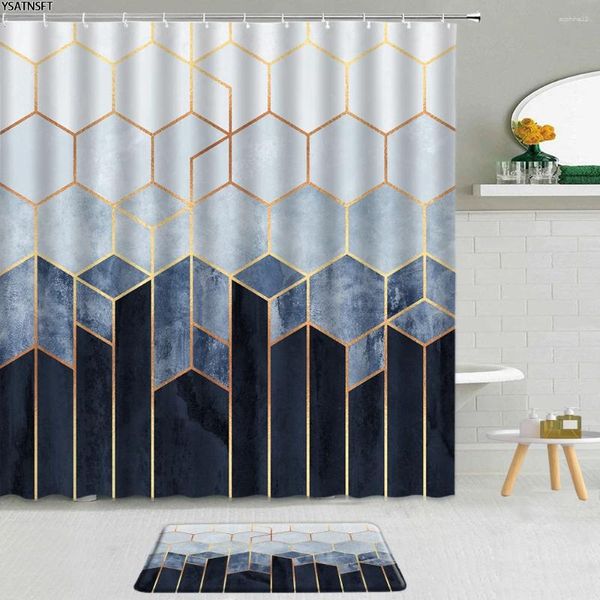 Duschvorhänge, 2 Stück, luxuriös, Marmor, geometrischer Vorhang, 3D-Schwarz-Weiß-Muster, Stoff, zum Aufhängen, Dekor, rutschfeste Badematte, Badezimmer-Set