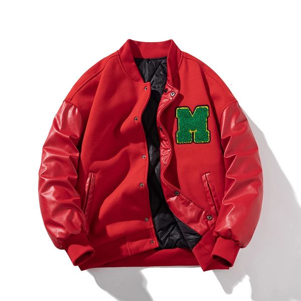 Мужская университетская куртка Зимняя женская модная бейсбольная куртка с кожаными рукавами Мотоциклетное пальто на пуговицах Теплые парки для колледжа Красные 240113