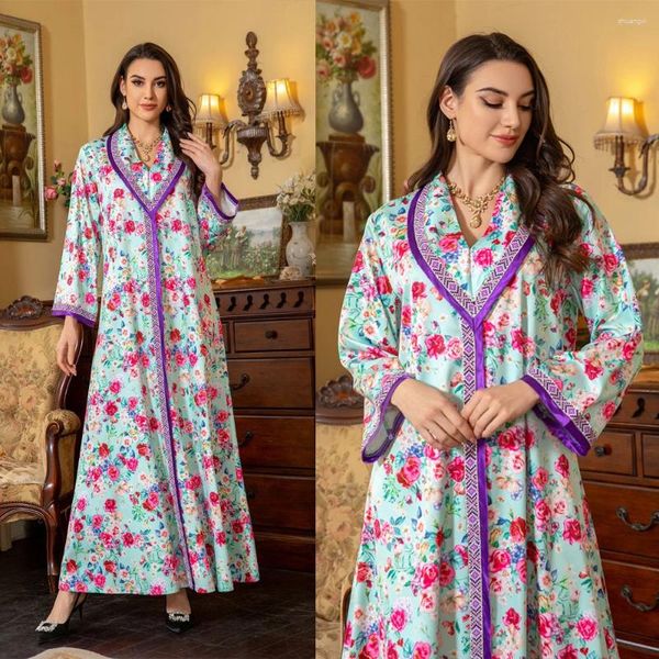 Roupas étnicas Impressão Floral Abaya Grande Lapela Diamante V-Pescoço Vestido Para Mulheres Muçulmanas Árabe Longo Kaftan Patchwork Flores Vestido Islâmico