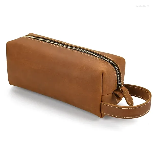 Sacos cosméticos cavalo louco couro genuíno homens lavagem caso casual vintage feminino vaca bolsa de maquiagem pequena bolsa de higiene pessoal