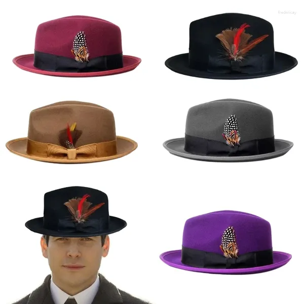 Berretti Puntelli da palcoscenico Cappello Fedora per feste in maschera Gentleman Jazz con piume Accessorio per costume di carnevale per adulti