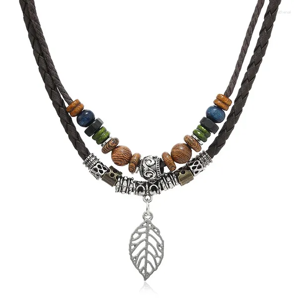 Anhänger Halsketten Gestapelte Kunstleder Seil Perlen Halskette Männer Vintage Layered Tribal Leaf Für Schmuck