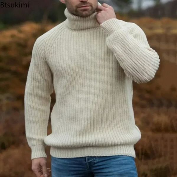 Мужской толстый теплый свитер с воротником, однотонный осенне-зимний вязаный свитер в стиле ретро, простые мужские эластичные пуловеры, свободный повседневный топ 240113