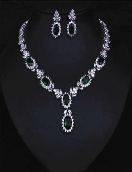 Shinning zircão prata verde jóias de noiva 2 peças conjuntos colar brincos jóias de noiva acessórios de noiva jóias de casamento t2216073411