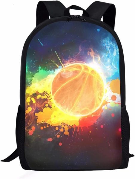 Sacos mochila de basquete para garoto menino, pintura a óleo colorida bola de basquete impressão leve escola bookbag júnior estudante daypack