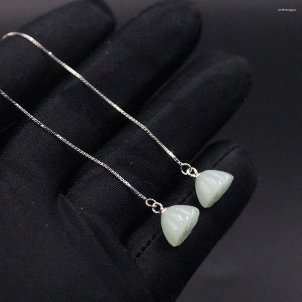 Orecchini pendenti in vero argento sterling 925 da donna con catena a maglie di loto in giada verde