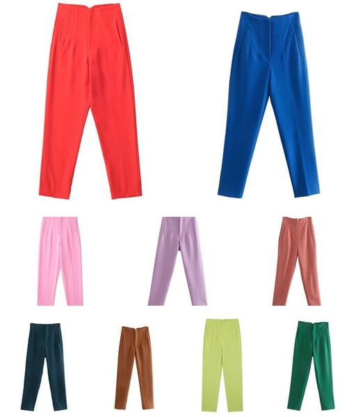 Pantaloni da donna a vita alta a 35 colori Pantaloni casual a gamba dritta Moda chic con dettagli di cucitura Pantaloni da ufficio con cerniera Pantaloni alla caviglia femminili Mujer