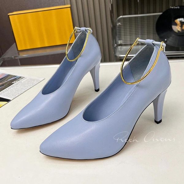 Scarpe eleganti Tacchi alti Donna Estate 2024 Cerchio di metallo Decor Stile conciso Pompe femminili Materiale in vera pelle Punta a punta Singola