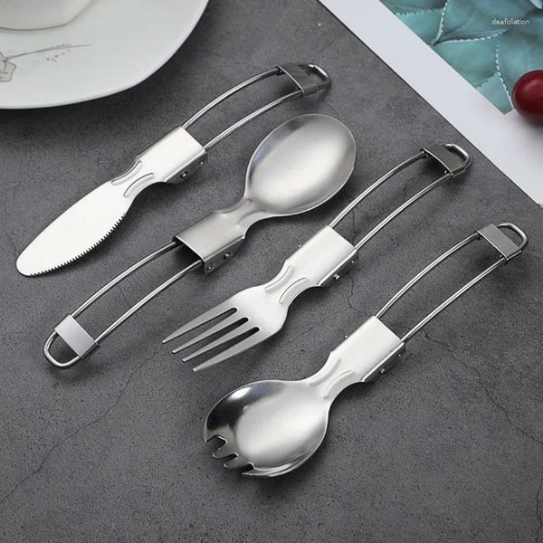 Colheres 1 pc portátil de aço inoxidável dobrável garfo colher faca destacável talheres de metal ao ar livre acampamento piquenique utensílios de cozinha suprimentos