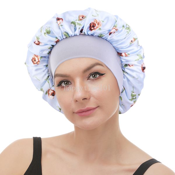 Nova impressão de cetim rosa flor impressão gorro boné de sono amplo elástico feminino cuidados com o cabelo beleza maquiagem chapéu nightcap envoltório cabeça hijab bonés